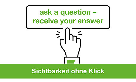 Eine Hand klickt auf eine Schaltfläche mit dem Titel "ask a question – receive your answer"