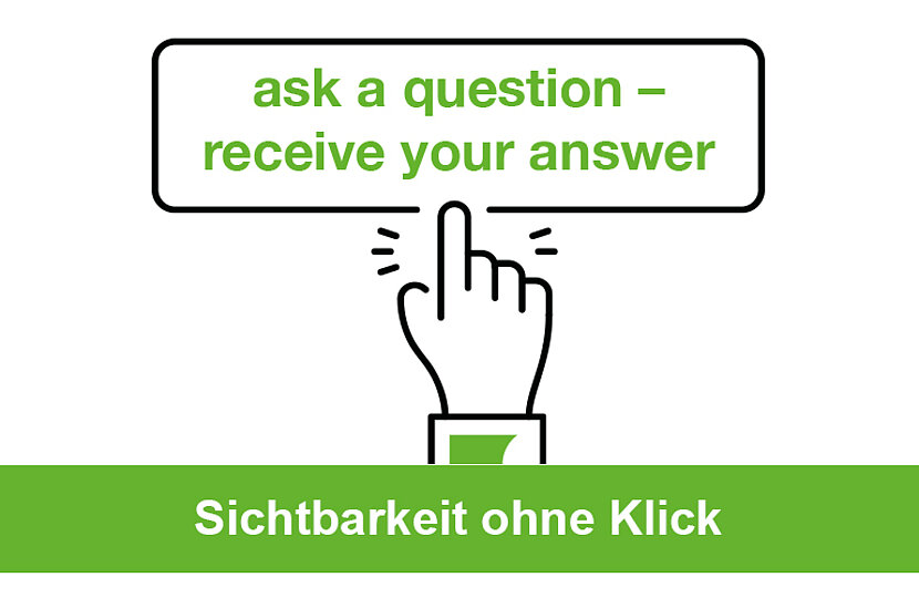 Zero-Click-SEO 2026 Eine Hand klickt auf eine Schaltfläche mit dem Titel "ask a question – receive your answer"