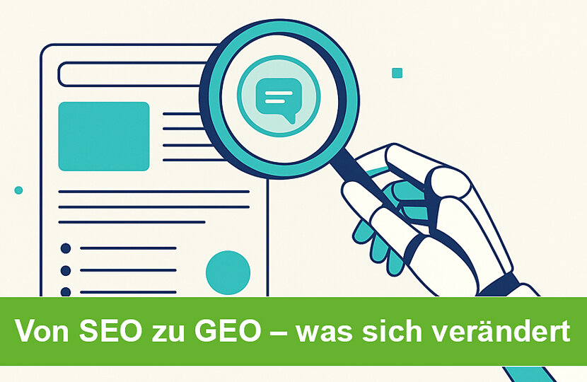 Eine Roboterhand sucht mit einer Lupe eine Website ab