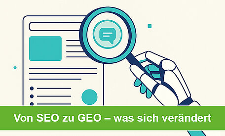 Eine Roboterhand sucht mit einer Lupe eine Website ab