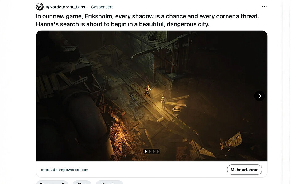 Screenshot einer Reddit-Werbung für ein PC-Spiel mit einer Bildreihe. 