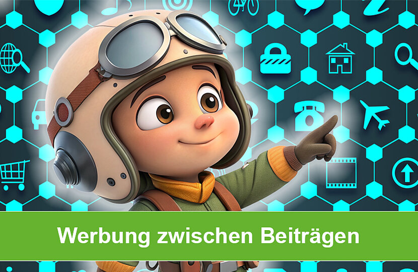 Demand Gen Kampagnen Ein Comic-Pilot zeigt mit seinem Finger nach rechts oben