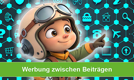 Ein Comic-Pilot zeigt mit seinem Finger nach rechts oben