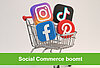 Einkaufswagen mit vier Social Media-Icons darin dazu eine grüne Bauchbinde: Social Commerce boomt