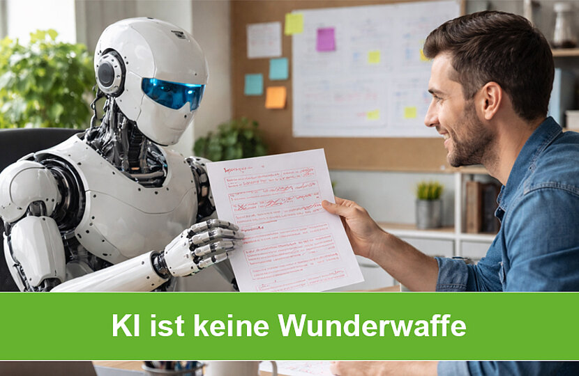 Ein Roboter und ein Mann sitzen an einem Schreibtisch und halten beide zusammen ein Blatt Papier
