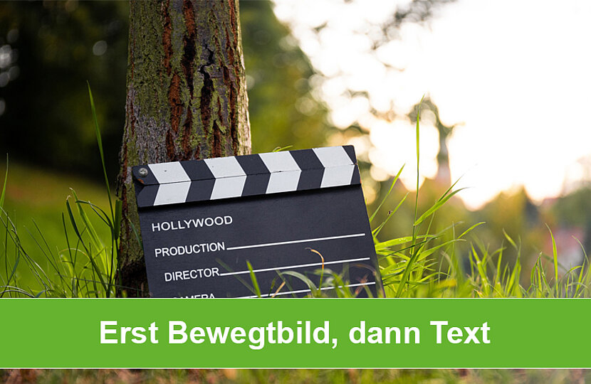 Eine Filmklappe lehnt an einem Baum im Gras