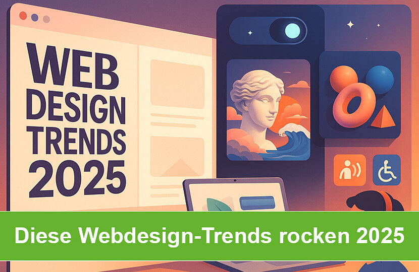 Eine Zusammenstellung aus Webdesign-Elementen mit einer grünen Bauchbinde: Die heißesten Webdesign-Trends des Jahres