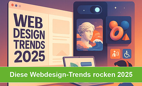 Eine Zusammenstellung aus Webdesign-Elementen mit einer grünen Bauchbinde: Die heißesten Webdesign-Trends des Jahres