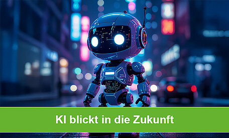 Ein KI-generierter Roboter vor einem dunklen, futuristischen Zukunftshintergrund