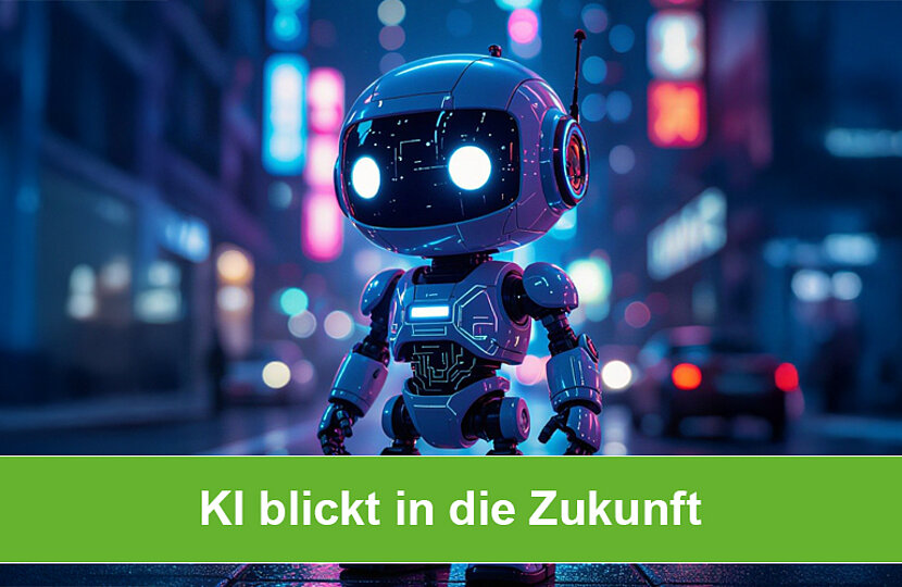 Ein KI-generierter Roboter vor einem dunklen, futuristischen Zukunftshintergrund