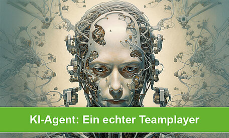 Ein Cyborg aus Schrauben und Kabeln mit einer grünen Bauchbinde