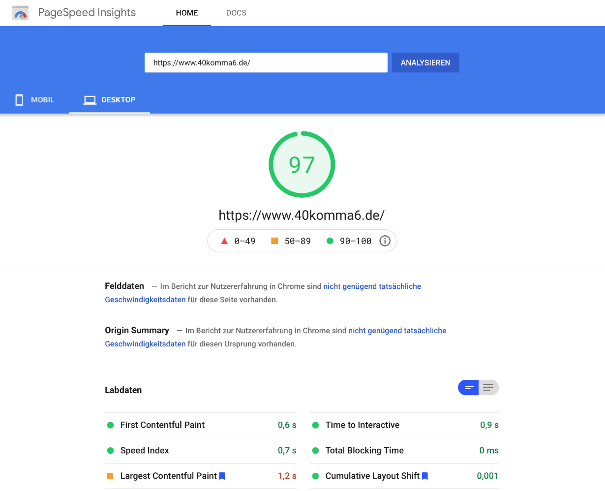 Google PageSpeed desktop 40komma6.de