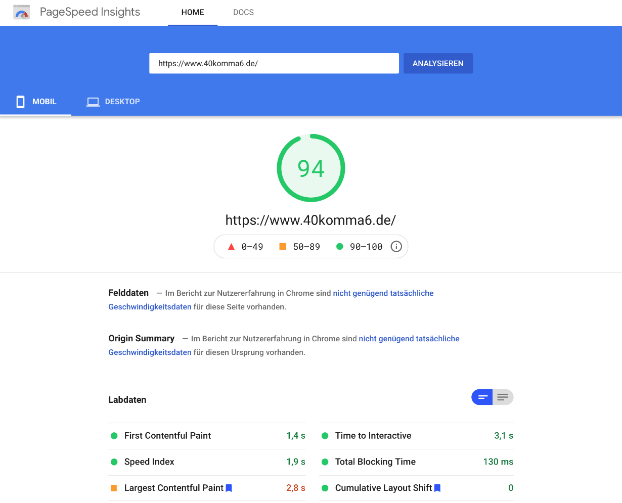 Google PageSpeed mobil 40komma6.de