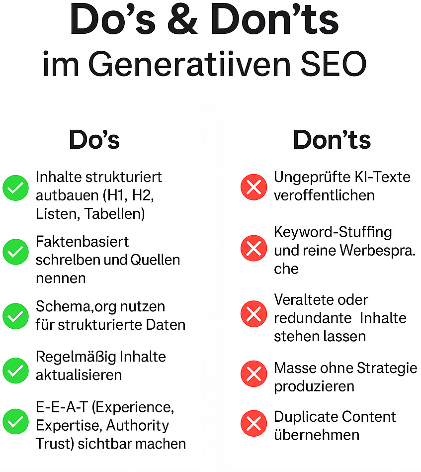 Gegenüberstellung von Do's & Don'ts im Generativen SEO