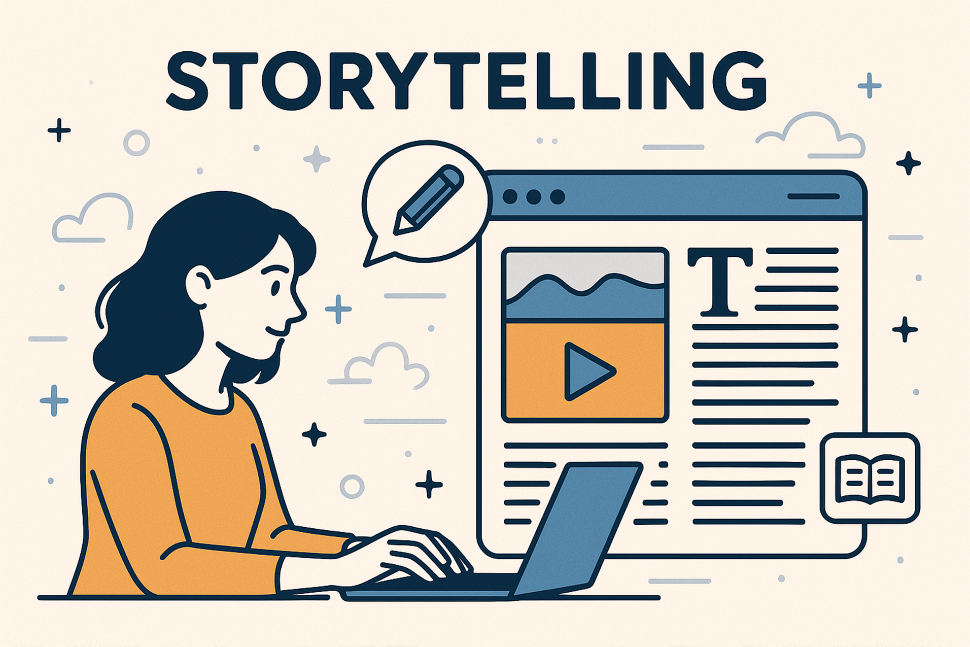 Storytelling Eine Frau im Comic-Look sitzt an einem Laptop, über ihr der Schriftzug "Storytelling"