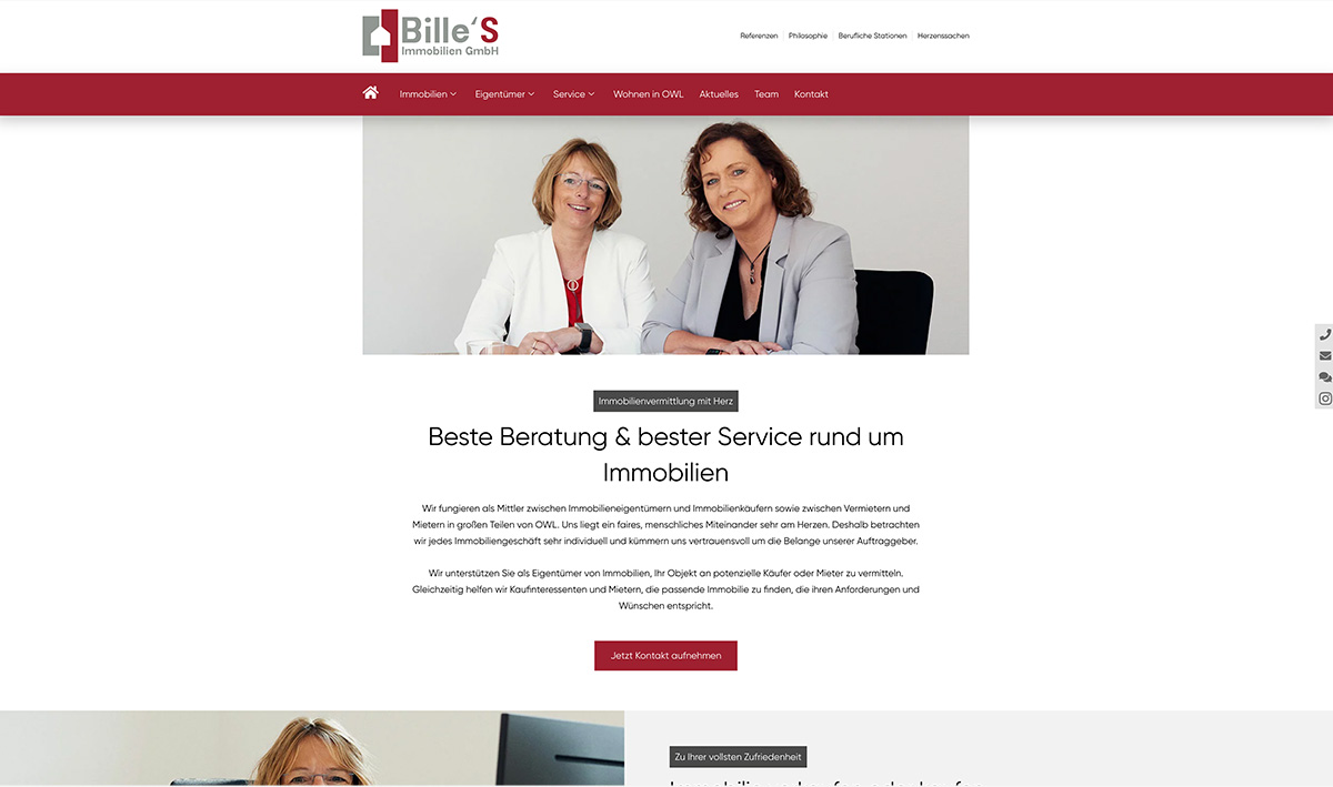 Screenshot der Website von Bille’S Immobilien