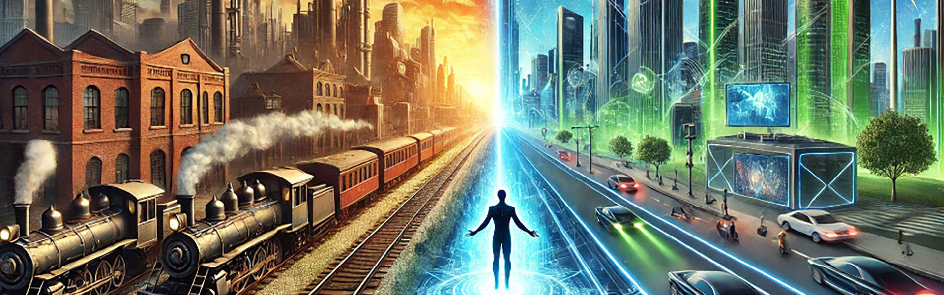 KI als Gamechanger Das Bild illustriert den technologischen Fortschritt, indem es eine industrielle Dampflokomotive und eine moderne, futuristische Stadtlandschaft gegenüberstellt.