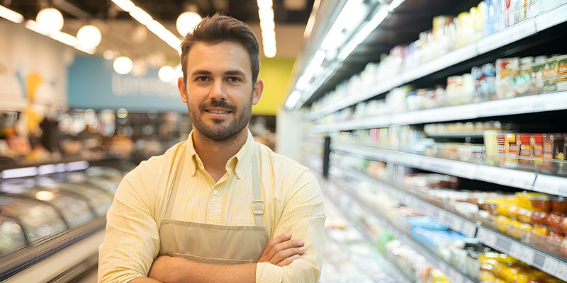 Künstliche Intelligenz im Einzelhandel Dieses Bild zeigt einen freundlichen Supermarktmitarbeiter, der in einem Gang mit Regalen voller Waren steht.