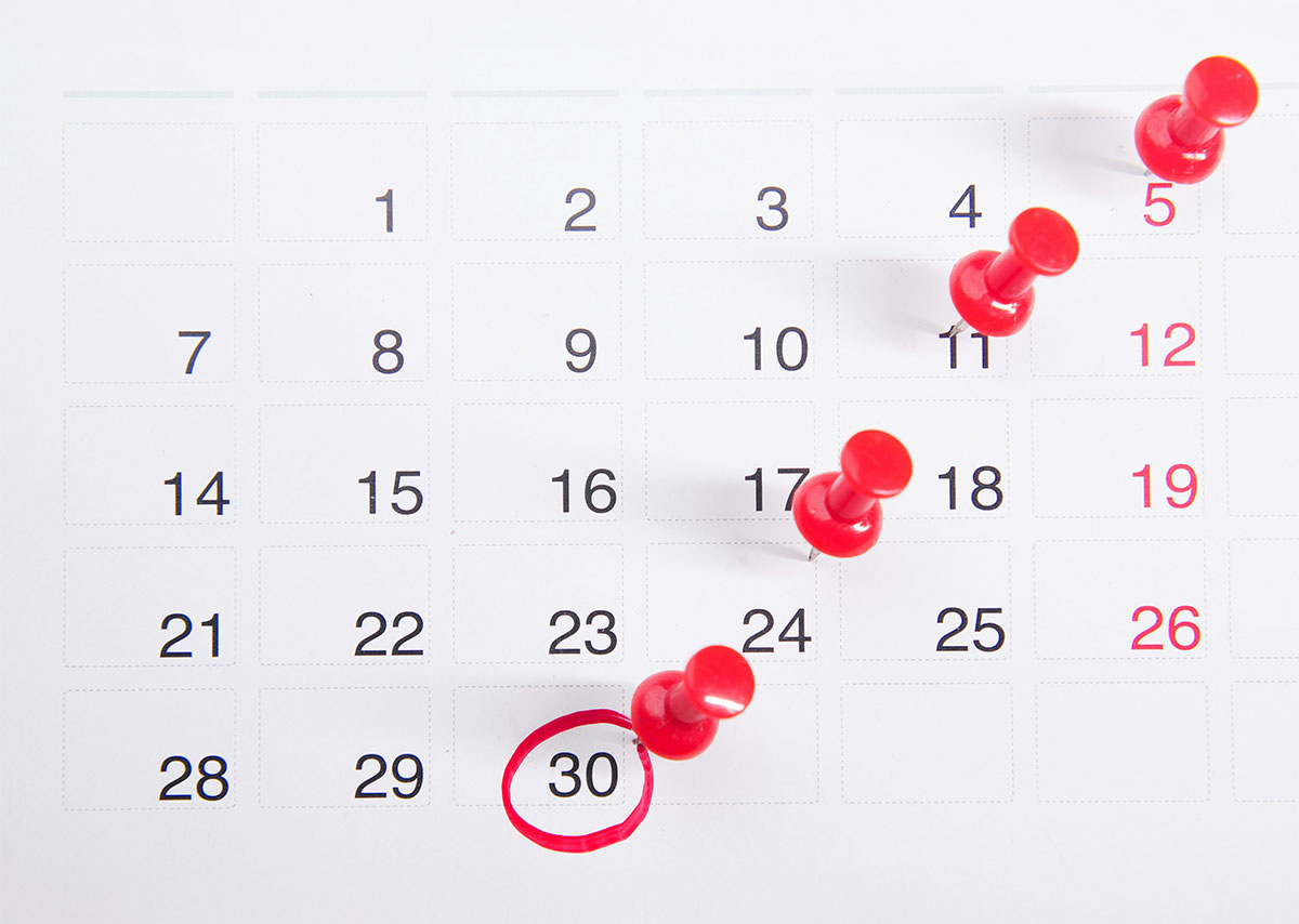 Follow-up-Mails Einen Kalender mit daran angehefteten roten Druckknöpfen