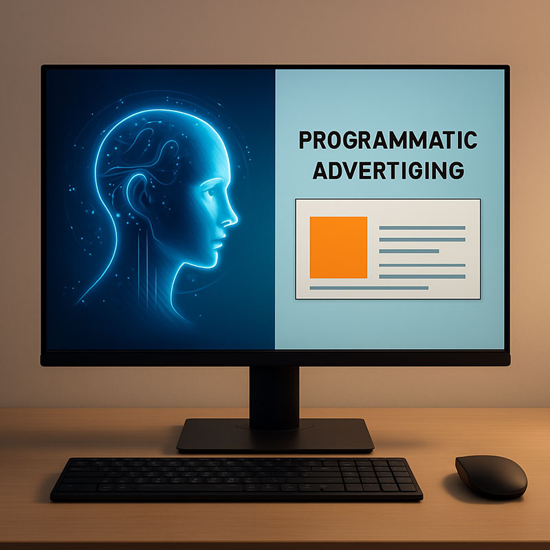 Ein PC Monitor mit einer Werbeanzeige und einer künstlichen Intelligenz auf dem Bildschirm
